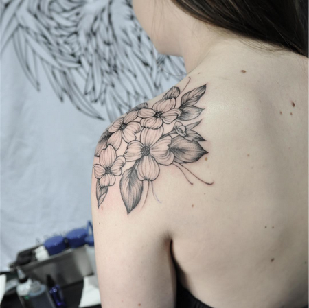 Tattoos - Shoulder Cap of Dogwood Flowers- Instagram @MichaelBalesArt - 129794